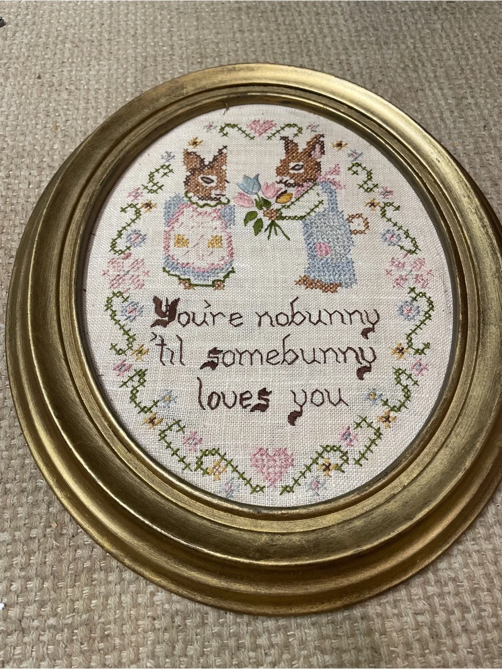 Vintage Framed Needlepoint Wall Art You’re Nobunny 'Til Some Bunny Loves You